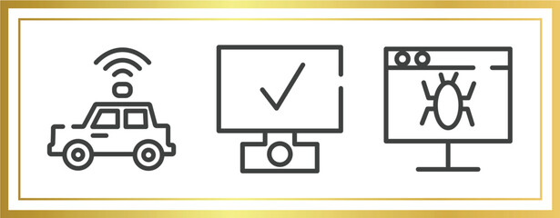 Poster - testing software outline icons set. linear icons sheet included self driving, deployment, defect vector.