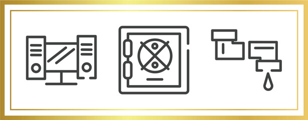 Poster - testing software outline icons set. linear icons sheet included workstation, strongbox, pipeline vector.