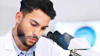 Aufkleber - Laboratory scientist using microscope to examine monkeypox virus and note his discovery. Closeup of serious biochemist engineer doing medical research with scientific equipment for breakthrough cure