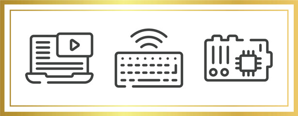 Poster - computer outline icons set. linear icons sheet included video lesson, wireless keyboard, mainboard vector.