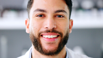 Aufkleber - Doctor, phd scientist and medical pathologist smiling and laughing in a lab. Face of a happy and proud young indian man working as a clinical research expert confident about developing a breakthrough