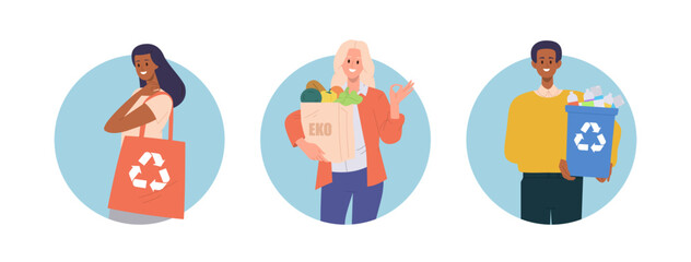 Isolated set of round icon composition with happy people choosing eco-friendly zero-waste items