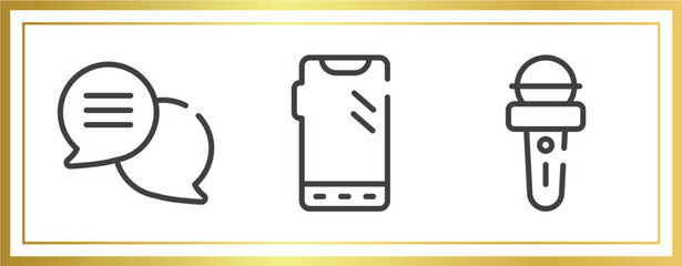 Poster - communication and media outline icons set. linear icons sheet included round speech bubbles, phone with three buttons, news microphone vector.