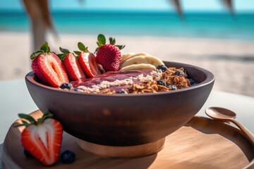 Fresh acai served in a tropical bowl, with the beach in the background., generative IA