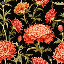 Seamless Floral Pattern With Carnation, Floral Design, Botanical Artwork, Artistic Floral Patterns, Pink Red Flowers, Red Black Floral Pattern