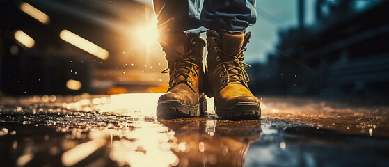Construction worker's boots on a wet ground with construction site in the background illuminated at night. Сonstruction, labor, safety, and work-related themes. 21:9 aspect ratio, Copy Space.

