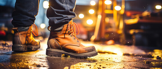 Construction worker's boots on a wet ground with construction site in the background illuminated at night. Сonstruction, labor, safety, and work-related themes. 21:9 aspect ratio, Copy Space. 