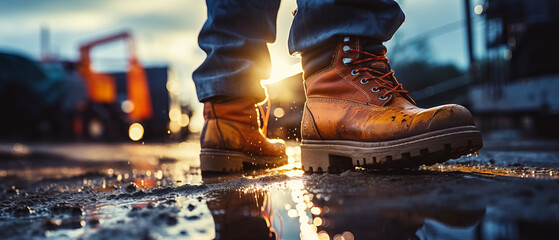 Poster - Close-up of dirty construction worker's boots with wet ground and construction site in the background. Construction, labor, and workplace themes