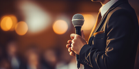 Motivational man with microphone on stage.
