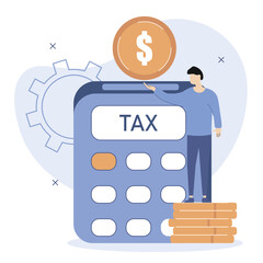 Tax declaration concept. The character is standing next to the calculator and paying the tax. Vector illustration.