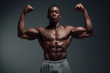 Black man on dark isolated background showing his biceps Pumped up man without a t-shirt