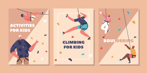 Mountaineering Activities For Kids Vertical Banners. Children Characters Scale A Climbing Wall With Help Of Trainer