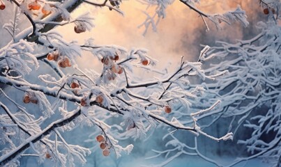 Wall Mural - Art of winter morning nature background with snow-covered Christmas tree branches, made with Generative AI