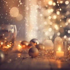 Wall Mural - Festive glow: A softly blurred background featuring sparkling Christmas lights and decorations. Warmth, holiday magic, cozy atmosphere, made with Generative AI