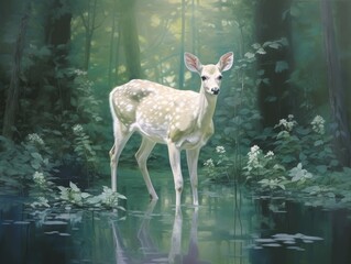 Wall Mural - Graceful fawn, the embodiment of innocence, captured elegantly on a translucent backdrop, reflecting forest purity, made with Generative AI