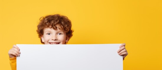 Poster - A happy young boy stands behind a white advertising board smiling at the camera with space for text against a yellow background