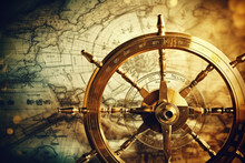 Vintage Navigation Background Illustration With Steering Wheel, Charts, Anchor, Chains