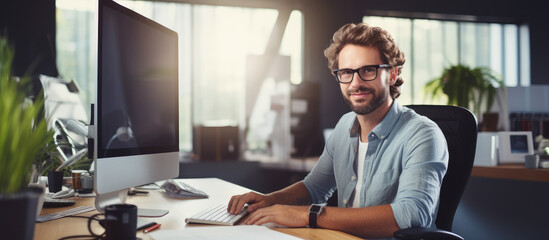 Aufkleber - Designer happily editing photos with computer in office