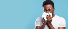 African American Man Sick Sneezes Shows Cold Symptoms White T Shirt Blue Background Copy Space