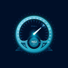 Aufkleber - Speedometer neon dial, car speed gauge dashboard, futuristic counter interface. Auto speedometer indicator, motorbike dashboard counter or car engine rev vector gauge. Future automobile speed meter