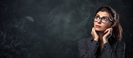 Poster - Young woman standing on blackboard background deep in thought
