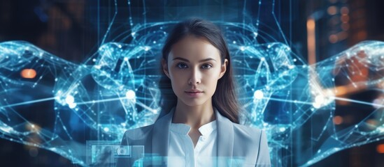 Poster - Young European businesswoman focused holding laptop with immersive web 3 0 interface and blockchain concept New generation internet copy space available