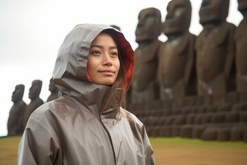 Medium shot portrait photography of a glad girl in her 30s wearing a functional windbreaker at the moai statues of easter island chile. With generative AI technology