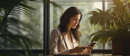 Poster - Young businesswoman using smartphone in meeting room with nature background through window