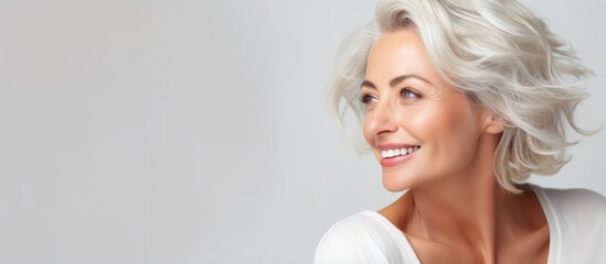 Middle aged woman with blonde hair and natural makeup in a white studio