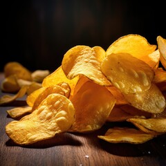 Wall Mural - A pile of tasty potato chips on the table. Generative AI..