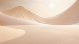 Fototapeta Natura - A surreal desert landscape with sand dunes. The sand dunes are in a wave-like pattern with smooth curves. The sky is a light peach color with a white sun in the top right corner. Peaceful and serene.