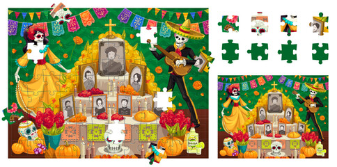 Aufkleber - Jigsaw puzzle game pieces. Dia de los muertos day of the dead mexican holiday. Educational vector worksheet for preschool children with funny cartoon Catrina and mariachi skeletons near the altar