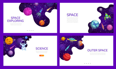 Poster - Landing page space. Cartoon galaxy space planets landscape. Company landing page template, business project web page vector background with spaceships, astronaut and fantastic planets in outerspace