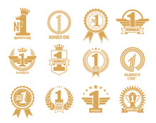 Number One Icons, First Place Emblems With Golden Crown And Winner Wings, Best Product Vector Labels. Number One Badge, Wreath And Ribbon For Achievement Awards And Company Appreciation Trophy