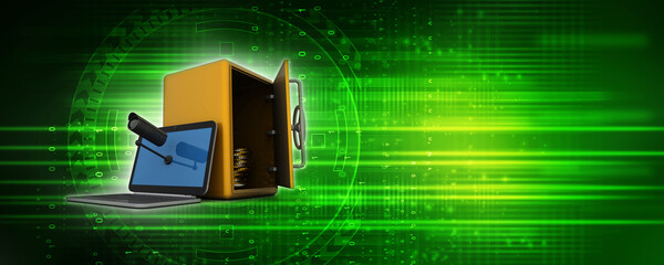 Poster - 3d rendering Surveillance CCTV Security Camera connected laptop near locker
    