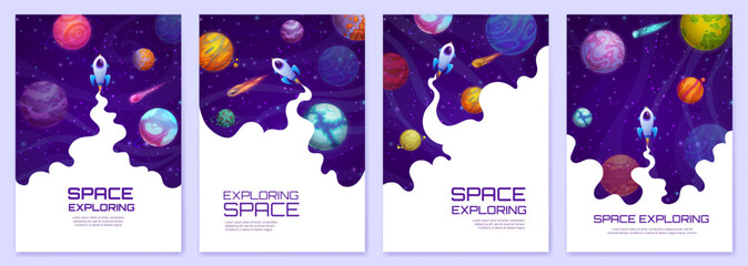 Poster - Landing page space. Cartoon space planets, stars and rockets. Startup launch web site background, company vector vertical poster or landing page with spaceship exhaust smoke cloud, galaxy planets