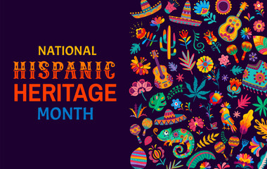 Wall Mural - National Hispanic Heritage Month banner. Latin America culture ethnic holiday poster, Hispanic Heritage Month celebration or vector flyer with chameleon, flowers, musical instruments and sombrero