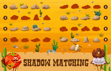 Poster - Western shadow match game, find the shadow of stone in Wild West desert. Kids vector educational worksheet with contours of rocks. Children logic activity for preschool or kindergarten education