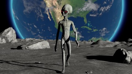 Wall Mural - scary gray alien walking on the surface of the moon. planet earth is visible. ufo futuristic concept
