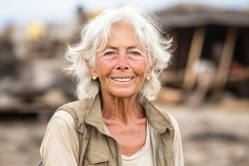 Poster - Environmental portrait photography of a glad mature woman wearing a rugged jean vest at the galapagos islands ecuador. With generative AI technology