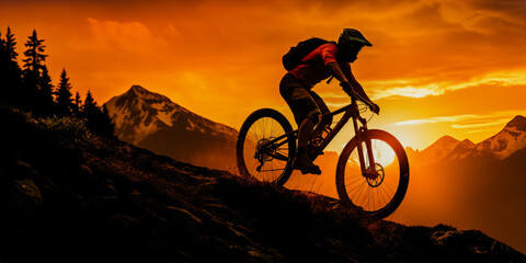 Wall Mural - Silhouette of mountain biker moving up at sunset