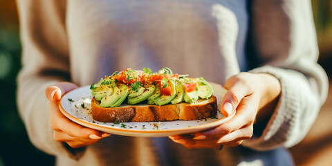 Wall Mural - Toast or bruschetta of bread and avocado, chopped vegetables and cheese on a plate