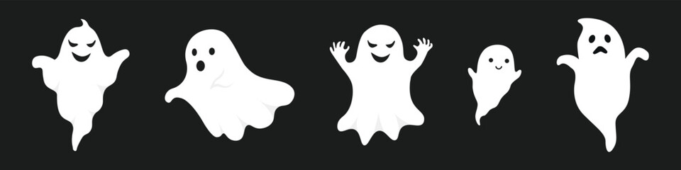 Poster - halloween ghost,  Fly phantom spirit with scary face, Spooky ghost flat vector icon set