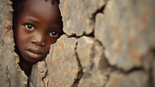 Portrait Of A Small African Very Thin And Poor Boy. Hunger And Unemployment In Africa. Stop Hunger Concept.
