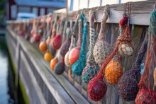 Close-up Of Colorful Fishing Nets Hanging On Dock Railing