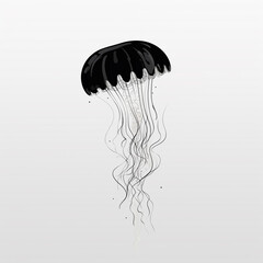 Wall Mural - Black and white illustration of a jellyfish swimming on a plain background. Minimalist style. 3d rendering.