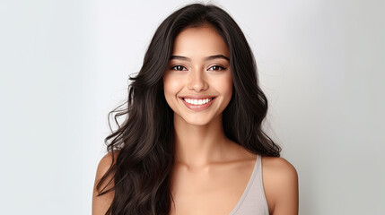 A beautiful young asian indian model woman smiling with clean teeth isolated on white background. Generative Ai