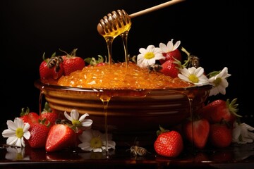 Wall Mural - drizzling honey on mixed fruit bowl