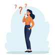 © Alena - Flat vector illustration. Woman standing in a pensive pose. The concept of searching for the solution of the problem . Vector illustration