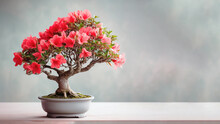 Traditional Bonsai Miniature Red Azalea Flower Plant Blooming In A Ceramic Pot, Soft Gradient Blur Background.